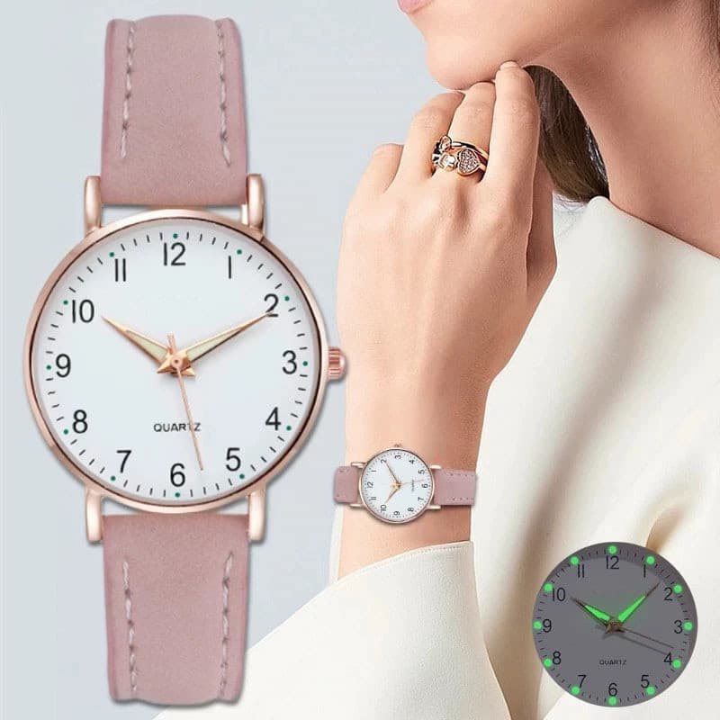 Relógio Feminino Vintage Couro Crazy Horse | Números Simples | Luminoso Noturno | Quartzo
