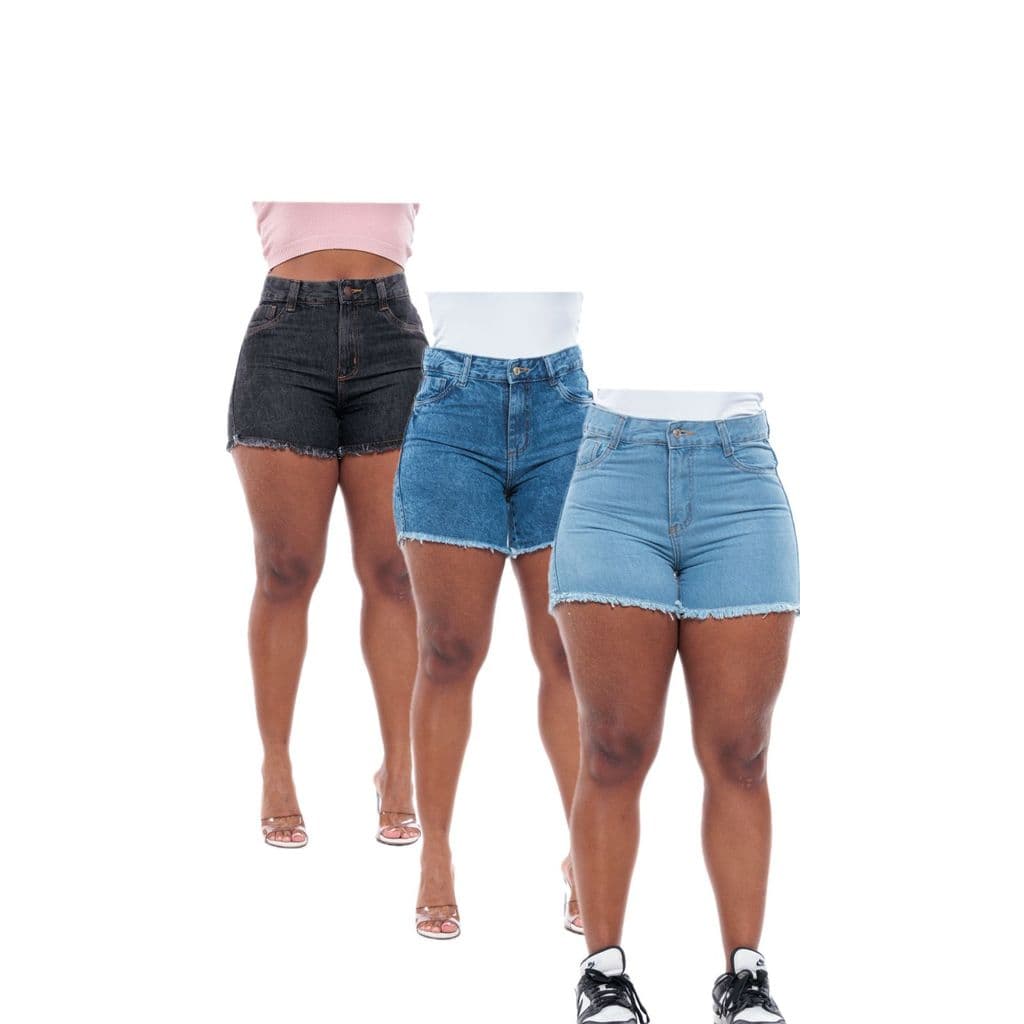 KIT 3 Shorts Jeans Feminino Cintura Alta Modelador com Barra Desfiada