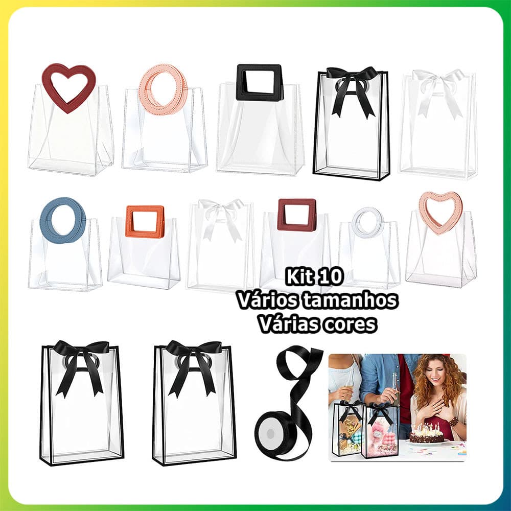 10 peças Sacola plástica reutilizável transparente, diversos modelos para lembranças de casamento e aniversários