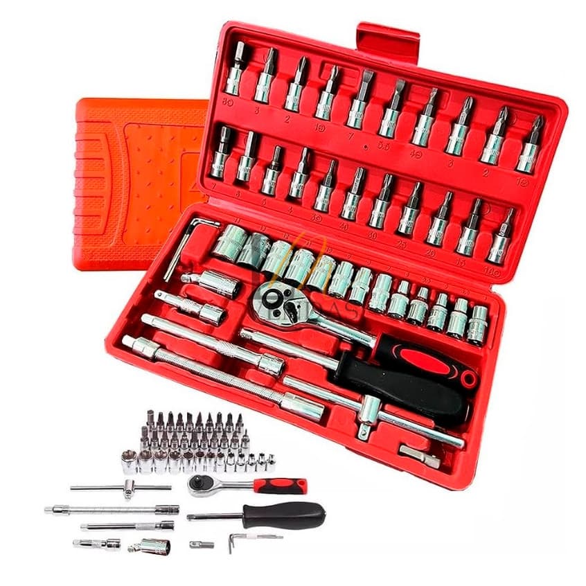 Kit De Ferramentas 46 Peças Jogo De Soquetes Chave Catraca Reversível Com Maleta Jogo De Ferramentas Completo