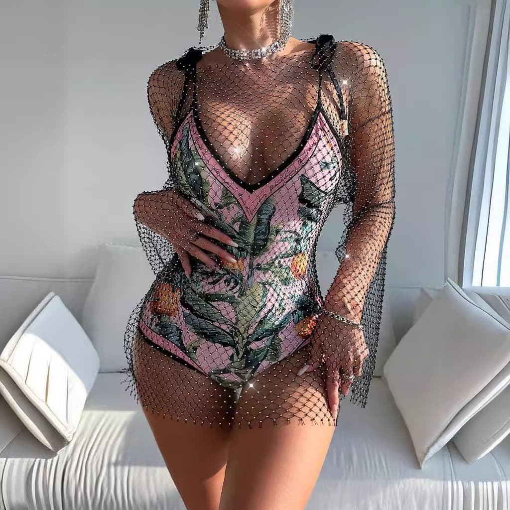 Maiô de Rede com Diamantes Brilhantes, Estampa Retrô para Balada, Vestido de Praia de Uma Peça