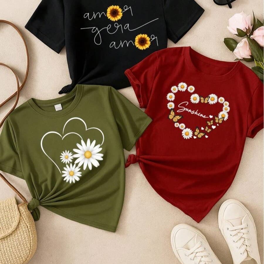 Kit 3 Blusas Femininas 100% Algodão Estampadas – Girassol, Margarida e Corações Moda Casual P M G GG