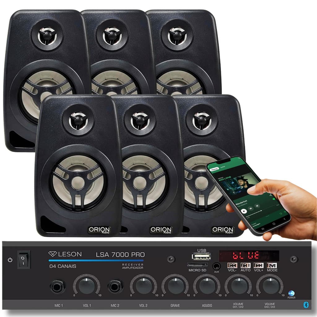 Kit Receiver Amplificador Som Ambiente Leson Orion Bluetooth Usb Aux 4Ch 2Mic + 6 Caixa de Parede com Suportes