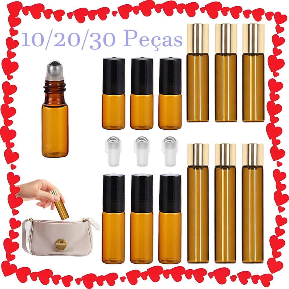 10/20/30 Peças Frasco de Vidro Âmbar Roll-on, 3/5/10 ml, Com Tampa, com esfera de aço inoxidável, recarregáveis