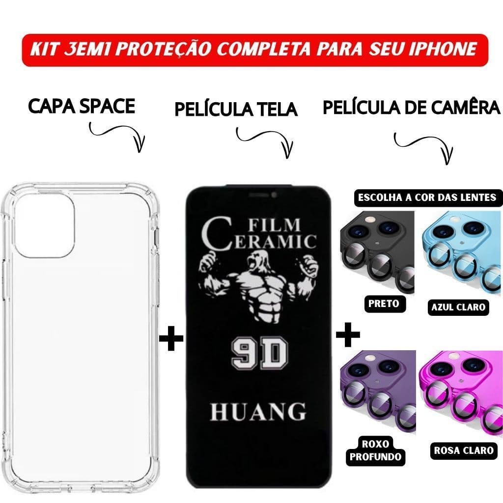Kit 3em1 Capa Space + Cerâmica Privacidade + Câmera Colorida iPhone 11 a 16 _BoutAcs