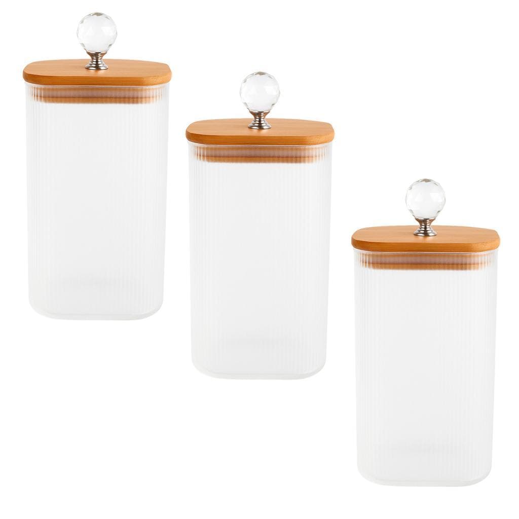 Kit 3 Potes De Vidro Hermético 1800ml Tampa Bambu Puxador Cristal