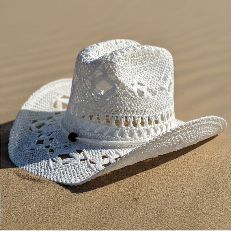 Chapéu Boho Gipsy Palha Natural Branco – Estilo Cowboy, Praia, Festa, Look Verão