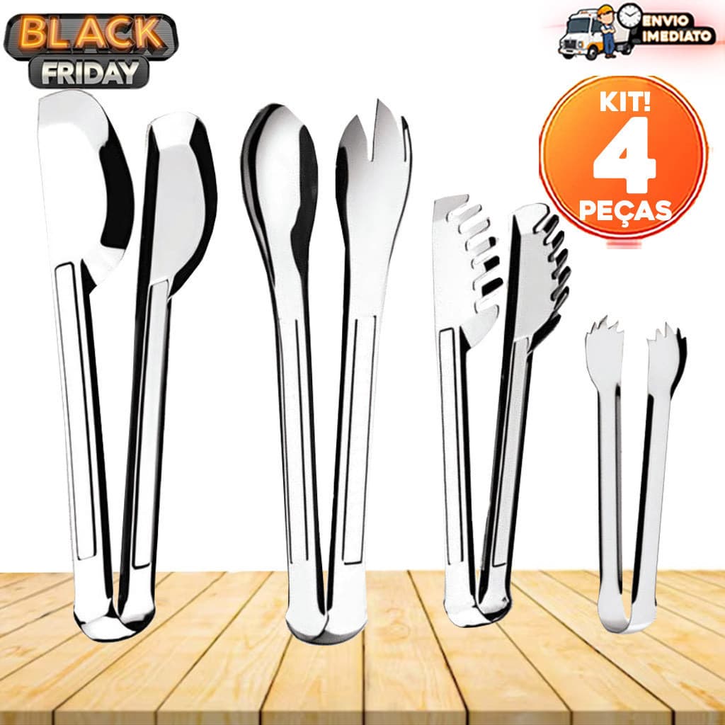 Kit 4 Pegadores Inox - Pegador de Salada, Carne, Universal e Massas | Linha Premium | 21cm