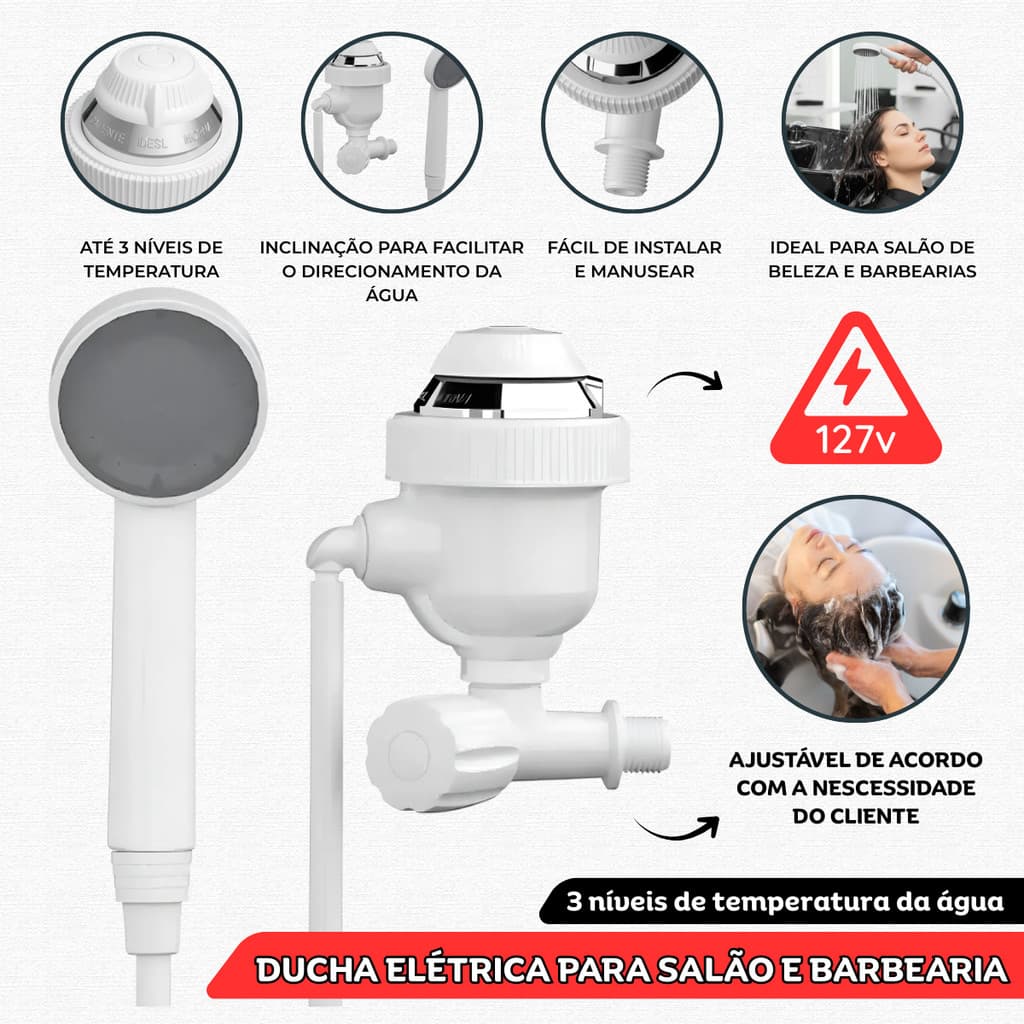 Ducha Elétrica Sintex 127V 5500W para Salão e Barbearia Uso Profissional com 3 Níveis de Temperatura