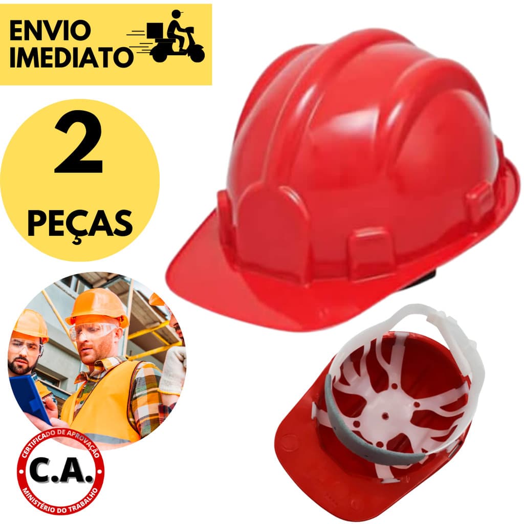 Kit 2 Capacete De Segurança Vermelho Abra Frontal Obra Construção Civil Trabalho Plastcor s/ Jugular