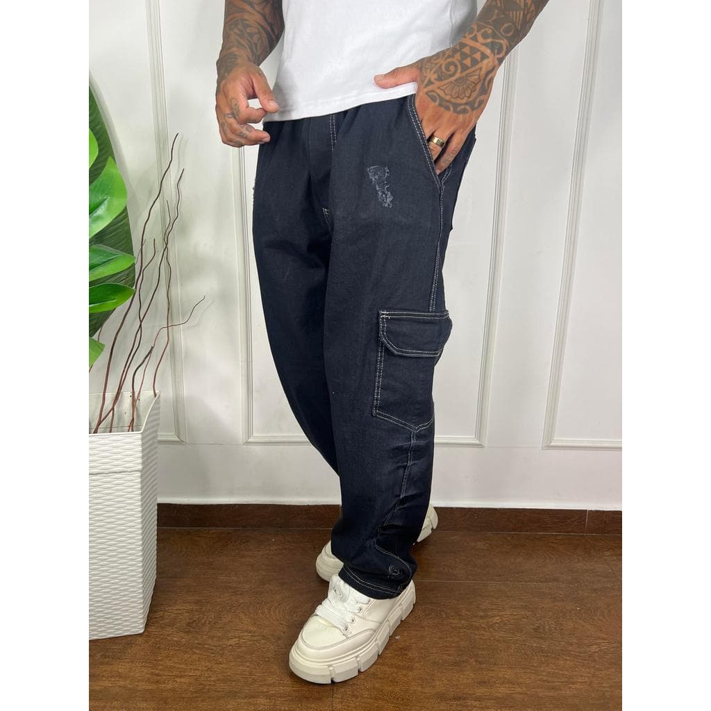 Calça Cargo Preto 3D Masculina Streetwear Premium Larga