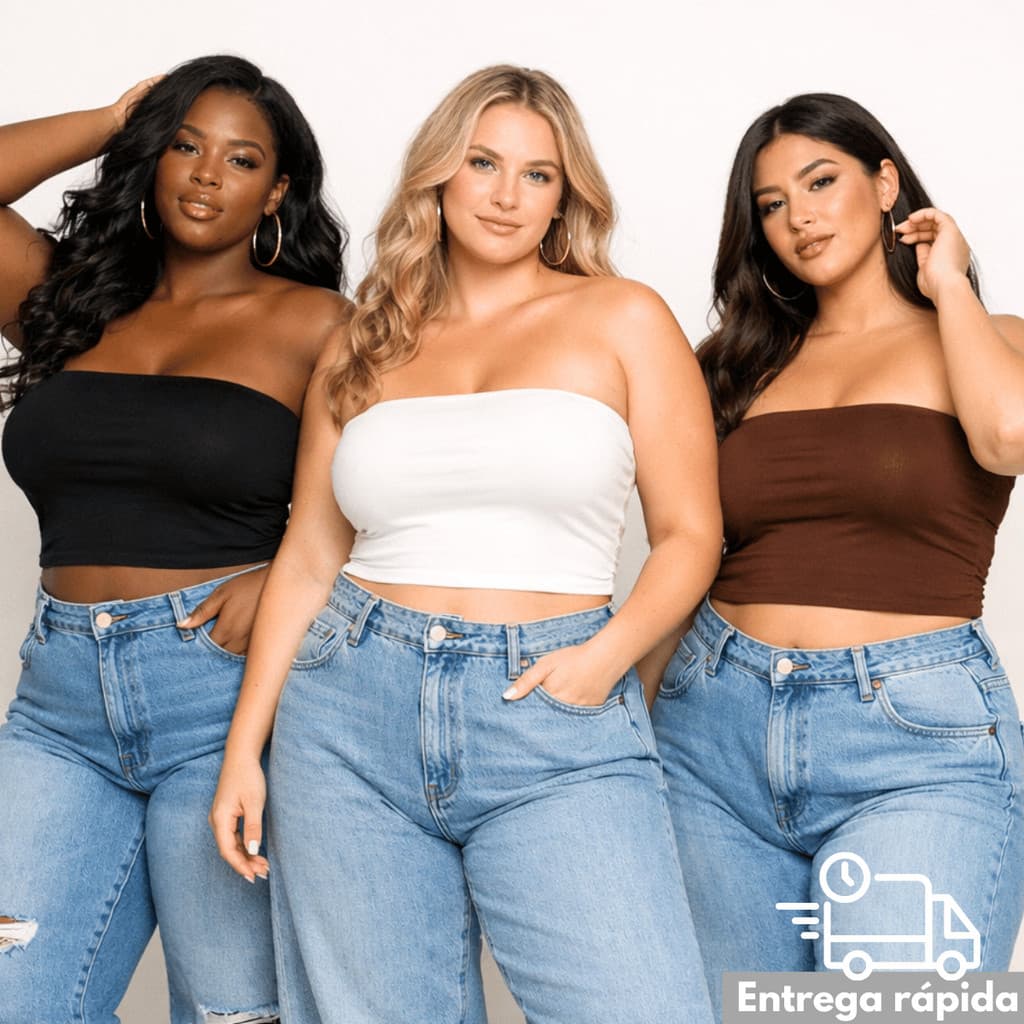 Cropped Tomara Que Caia Plus Size Top Tube Forrado Básico Tecido Suplex Premium - Bege