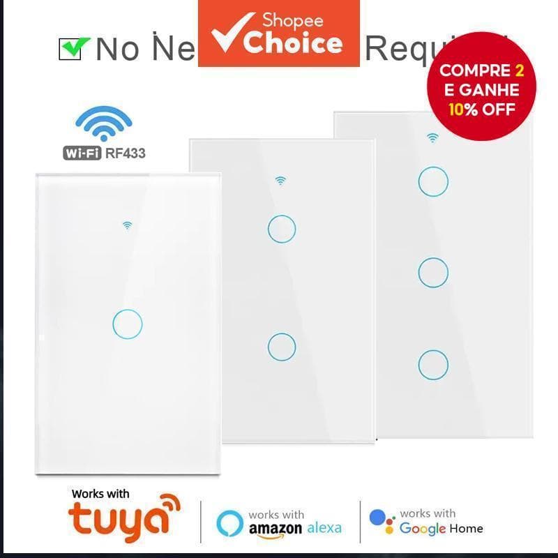 Funciona com o Tuya Interruptor de Parede Inteligente WiFi Padrão dos EUA RF433 1/2/3 Gang Bluetooth Geral Sem Fio