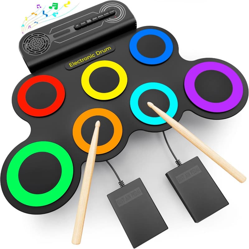 Bateria Eletronica Musical de Silicone Portatil Roll Up USB 7 Pads Kit com Baquetas e Pedais para Iniciantes e Criancas