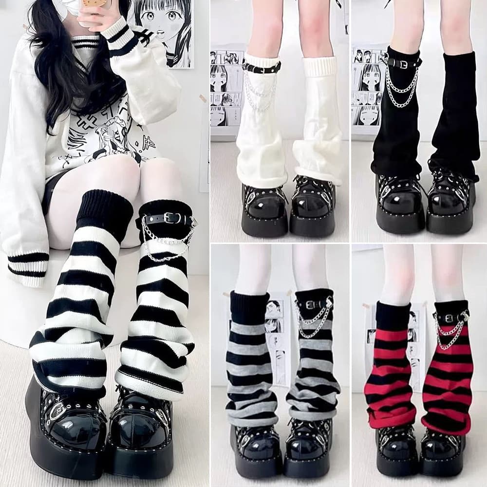 Y2K Leg Ring Meias De Malha Listradas Empilhadas Aquecedores Queimados Picantes Meninas Estilo JK