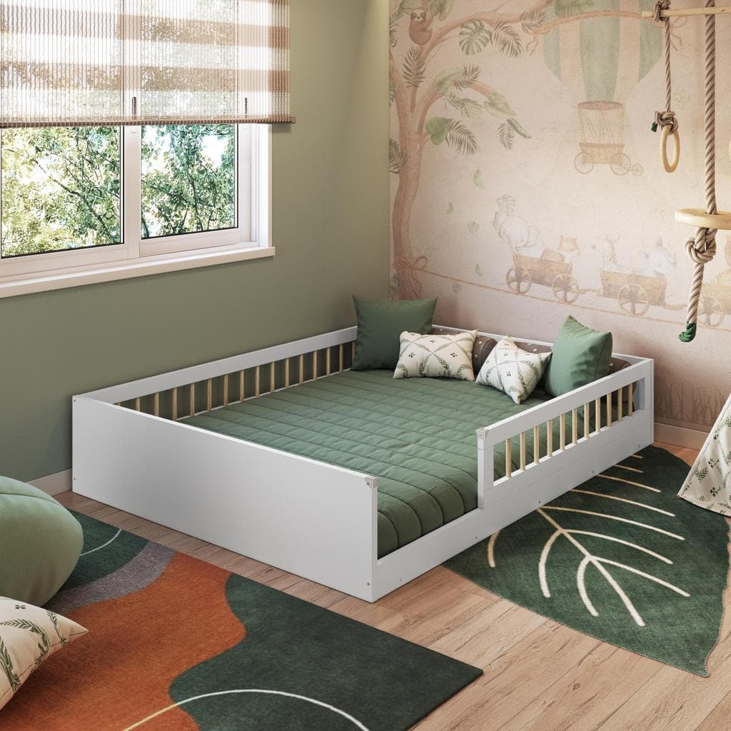 Cama Casal Infantil Montessoriana de Chão 188x138cm com Grade de Proteção em Pinus
