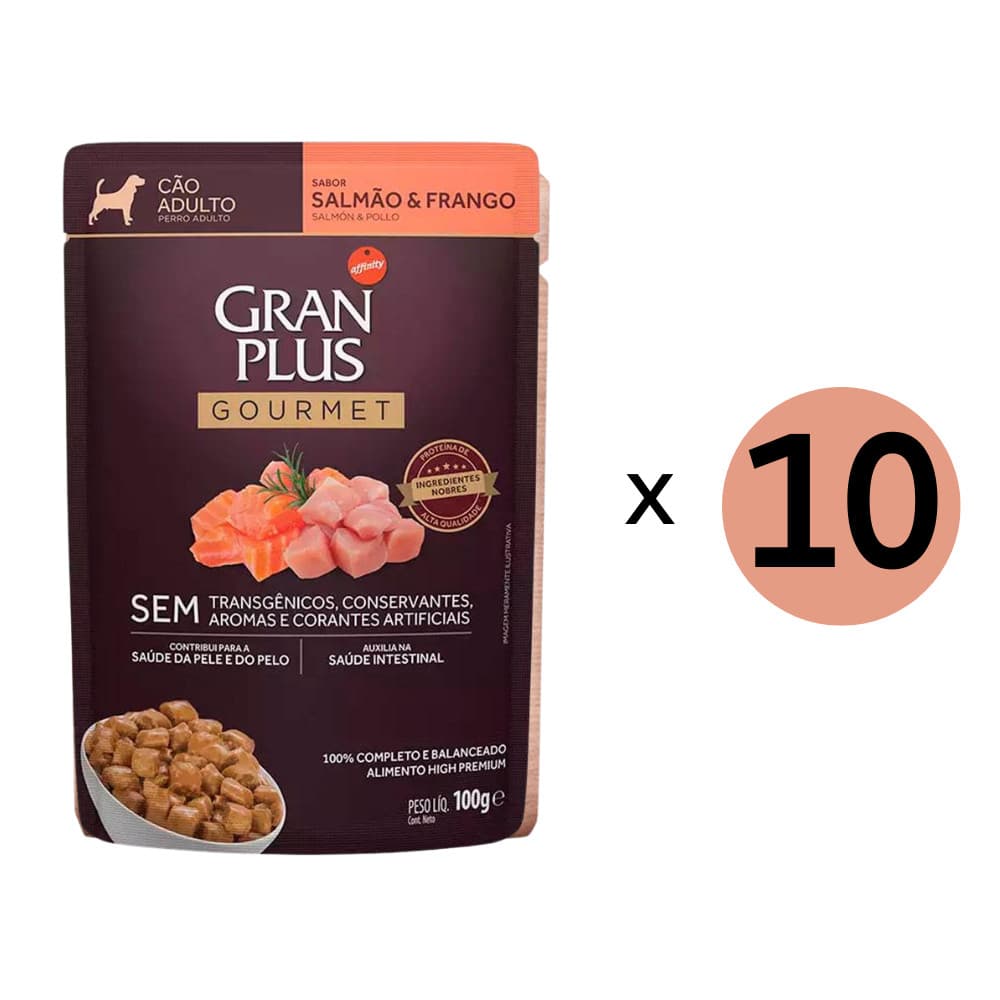 Kit 12 Ração Úmida Gran Plus Gourmet Cães Adultos Salmao Frango Sachê 100Gr