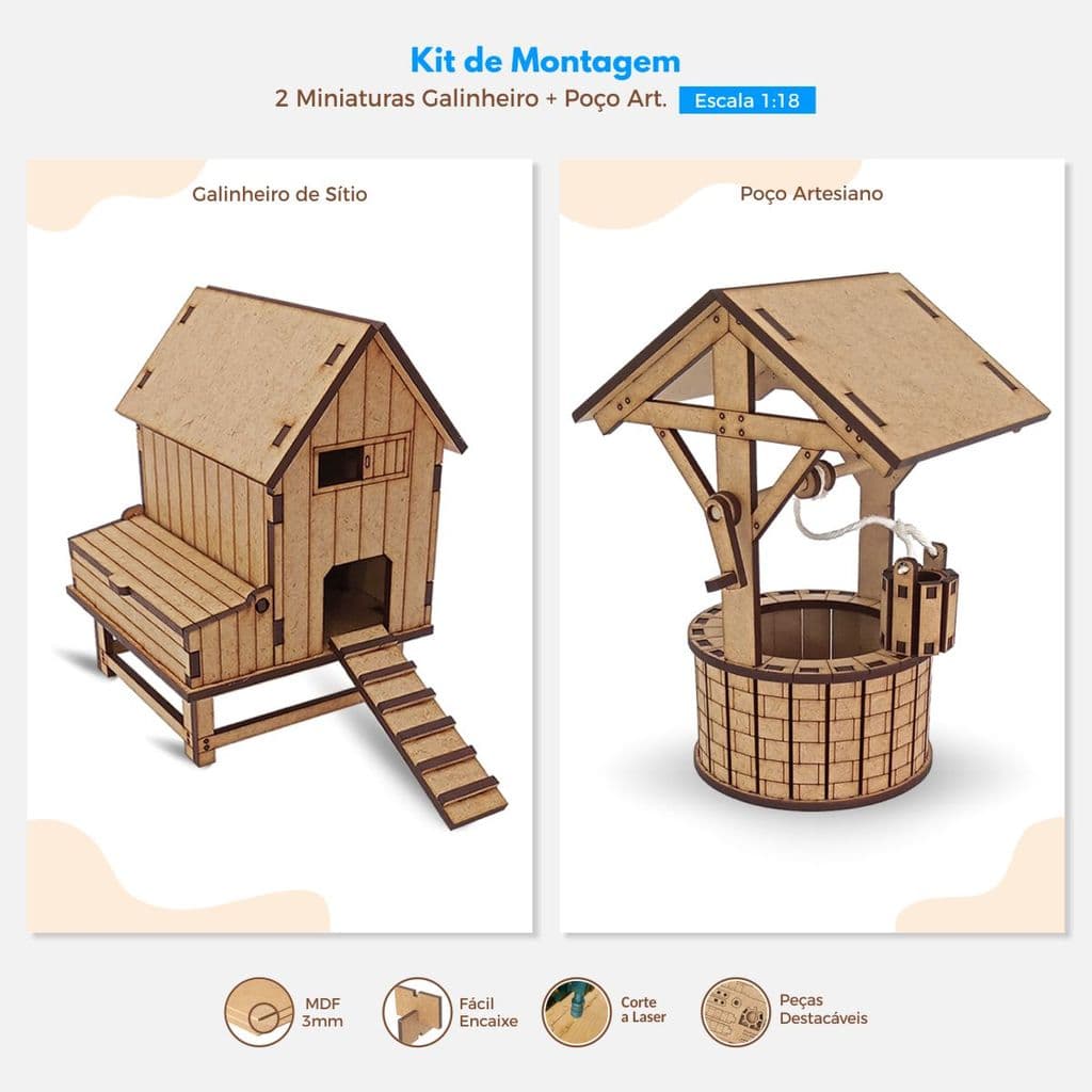 Kit Miniaturas Galinheiro e Poço Artesiano Escala 1:18 Maquete Fazenda Diorama Cenário Rural Puzzle 3D