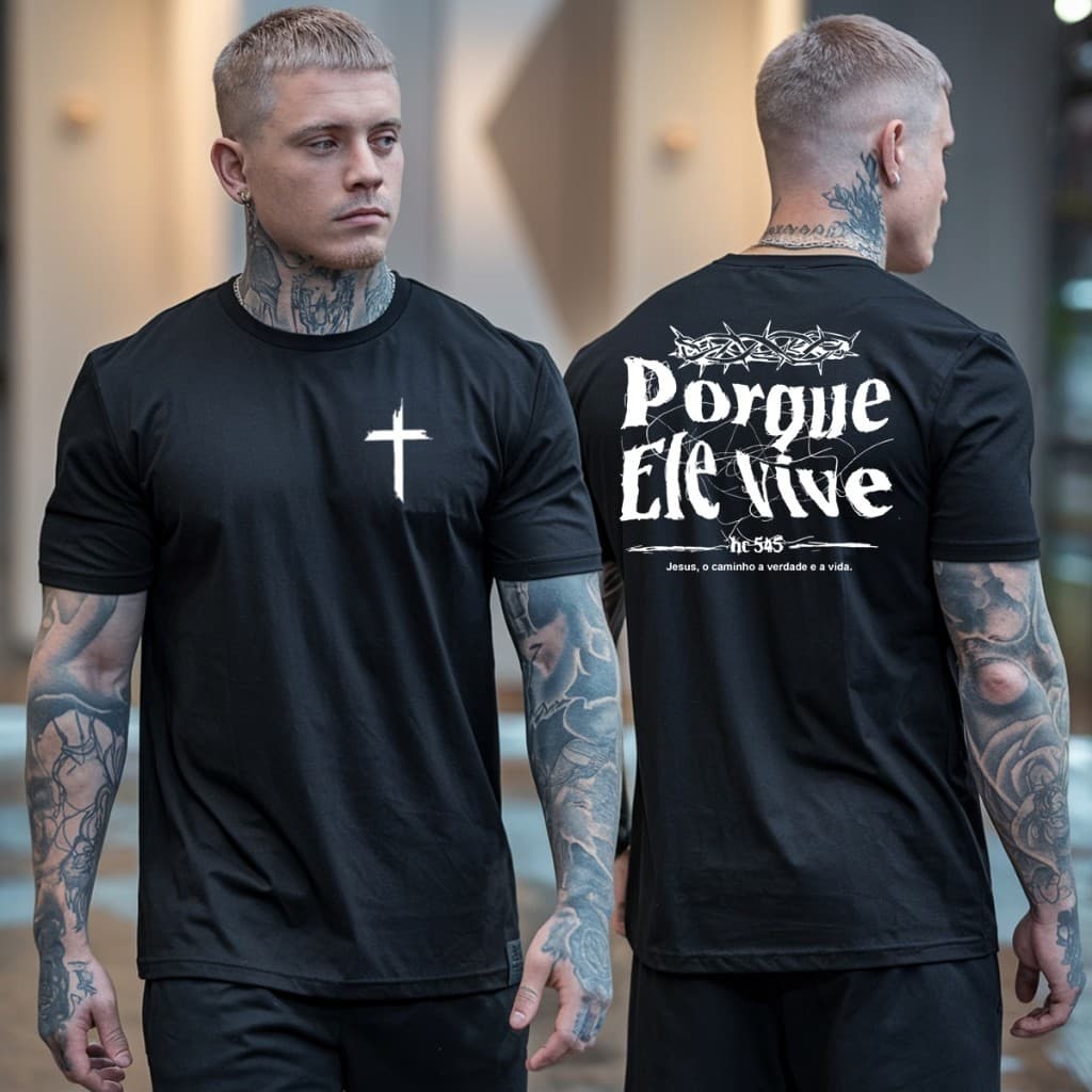 Camiseta T-SHIRT Camisa PLUS SIZE Masculina  Cruz Porque Ele Vive Jesus 100% Algodão