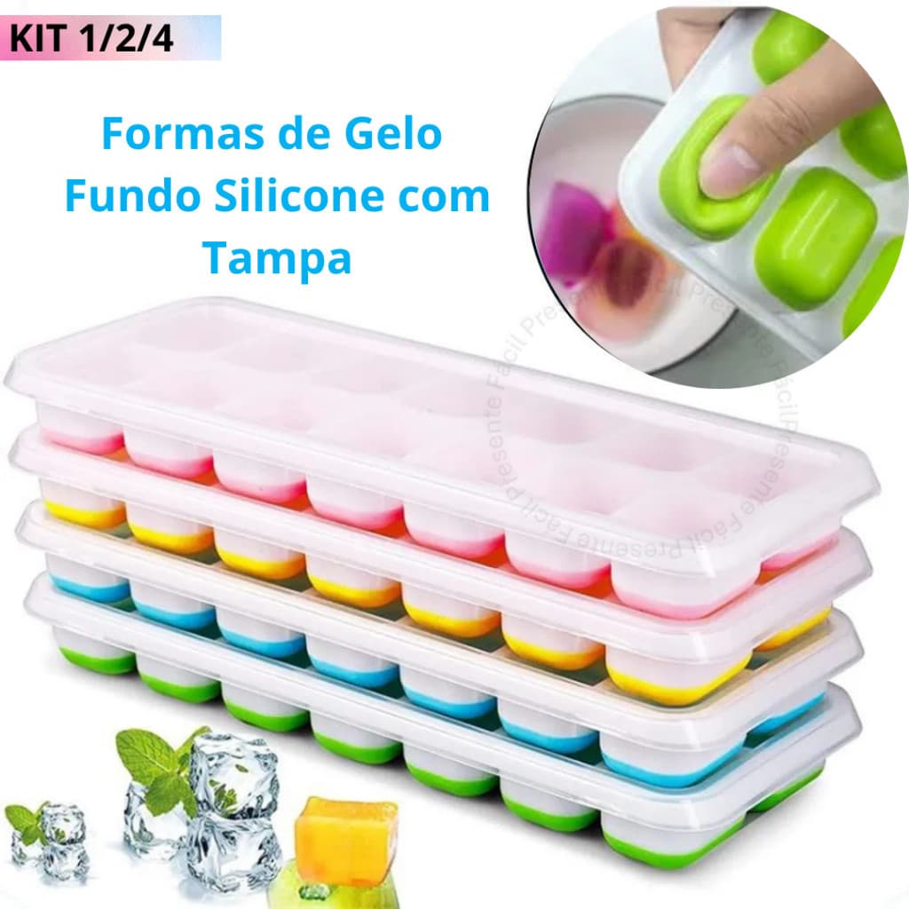 Formas de Gelo com Tampa Rígida Fundo Silicone Flexível Retangular 14 Cubos