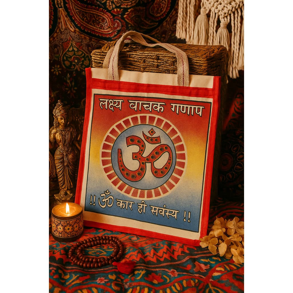 BOLSA SACOLA (TOTE BAG) EM LONA COM ESTAMPA 0m E TEXTO SÂNSCRITO