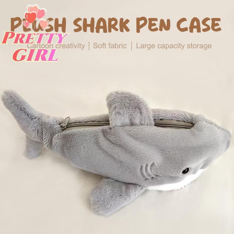 [Pretty ggirl] Estojo De Pelúcia Fofo De Tubarão Oceano Bolsa De Cosméticos Portátil Para Caneta De Grande Capacidade Ca