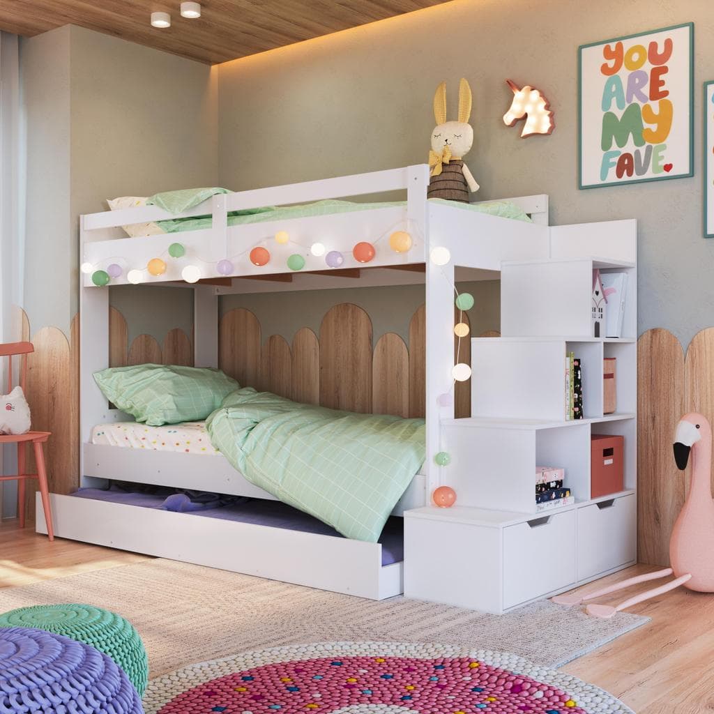 Cama Treliche Infantil 188x78cm com Escada com Nichos Grade de Proteção e Gavetas Branca