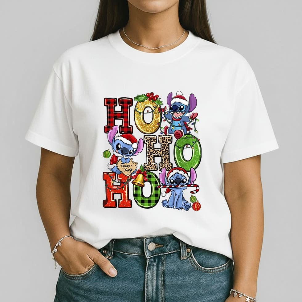 Camiseta Feminina Natal Stitch Ho Ho Ho 100% Algodão Estampa Fofa Divertida Camisa Natalina
