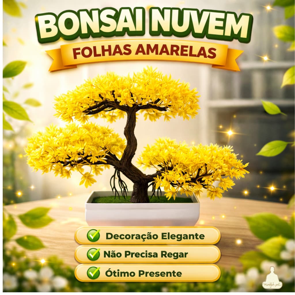Bonsai Nuvem Artificial – Folhas Amarelas Vibrantes Vaso Branco Retangular Estilo Oriental