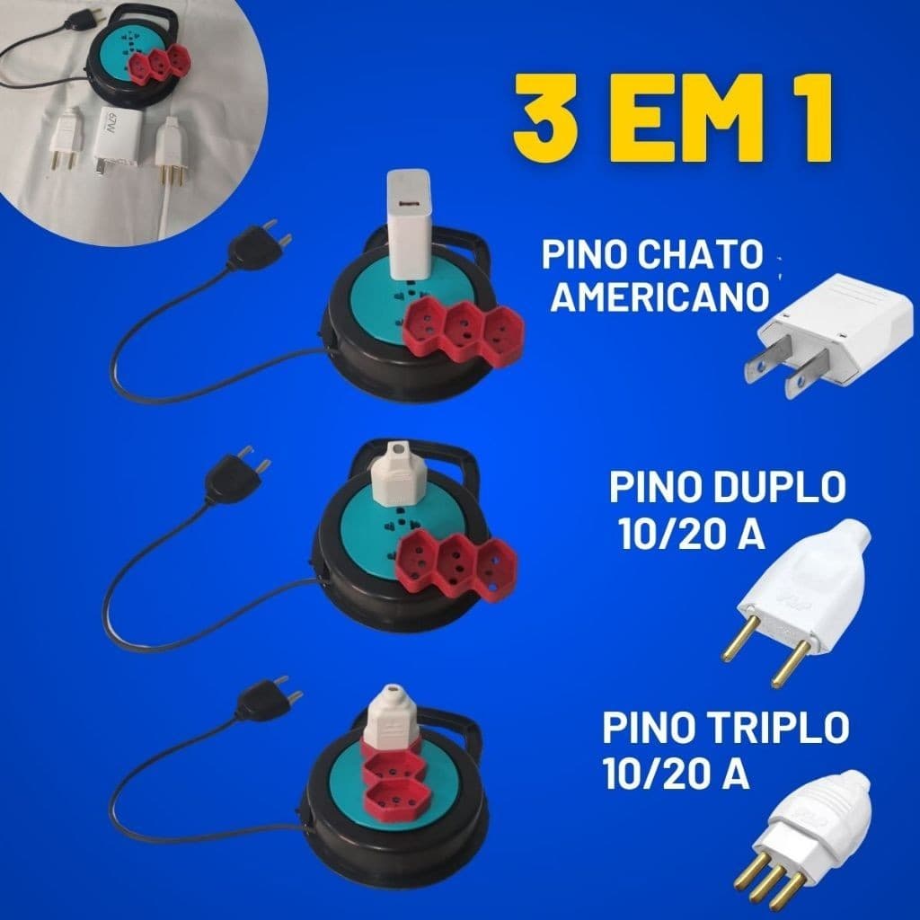 Extensão Elétrica Retrátil 3,5 Metros Bivolt 3 Tomadas Redonda Organizadora - Cor sortida