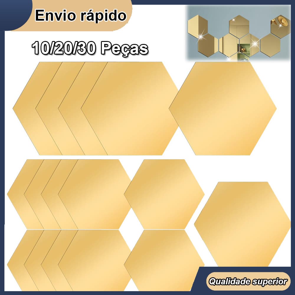 10-30pçs Ouro Hexágono espelho adesivos de parede decalques espelho decorações para casa o quarto banheiro sala 15x13cm