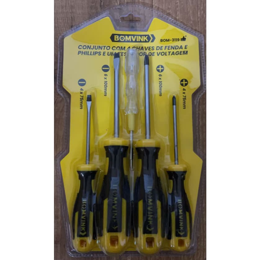 Jogo Chave Fenda/Philips Isolada 5 Peças Vde + Chave Teste - BOM-3119