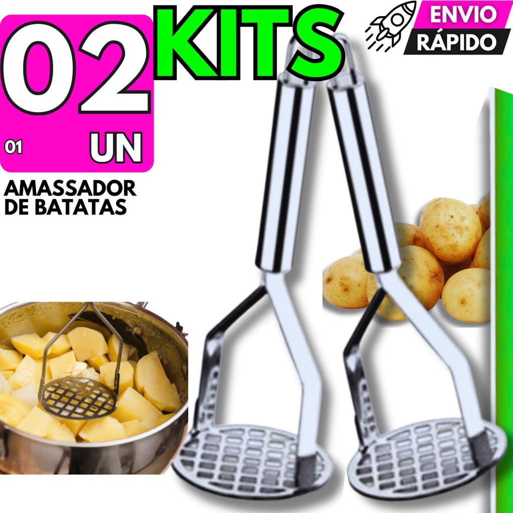 Jogo de Amassador de Batatas Frutas Legumes Cozinha Espremedor Manual Multiuso Aço Inox Papinha