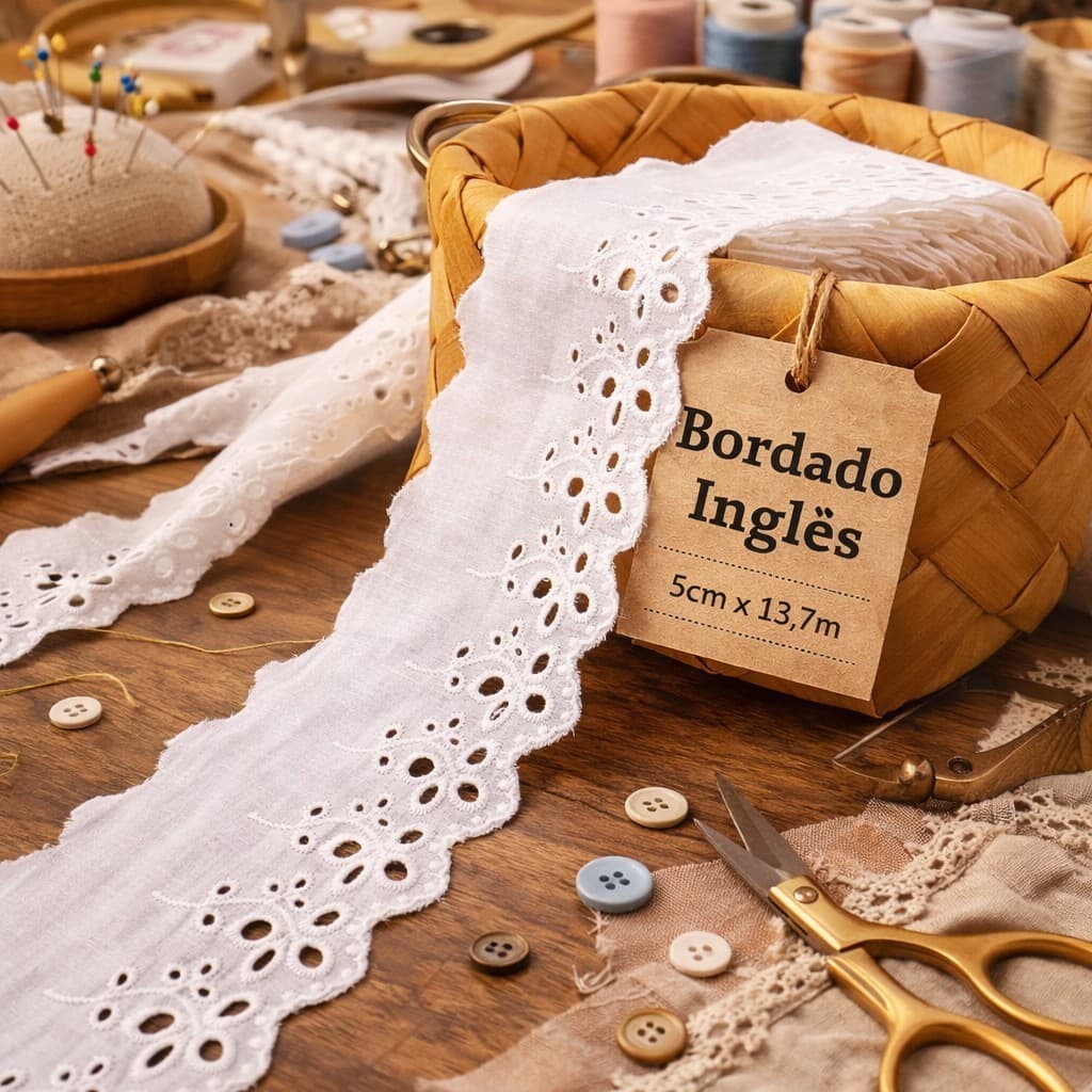 Bordado Inglês 5cm x 13,7m | Renda Bordada Costura Pano de Prato +19 Cores