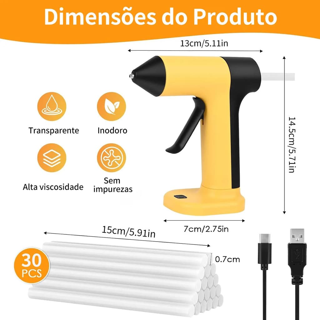 Pistola de Cola Quente Sem Fio Recarregável Profissional + 30 Bastões de Cola | Uso Escolar e Artesanato