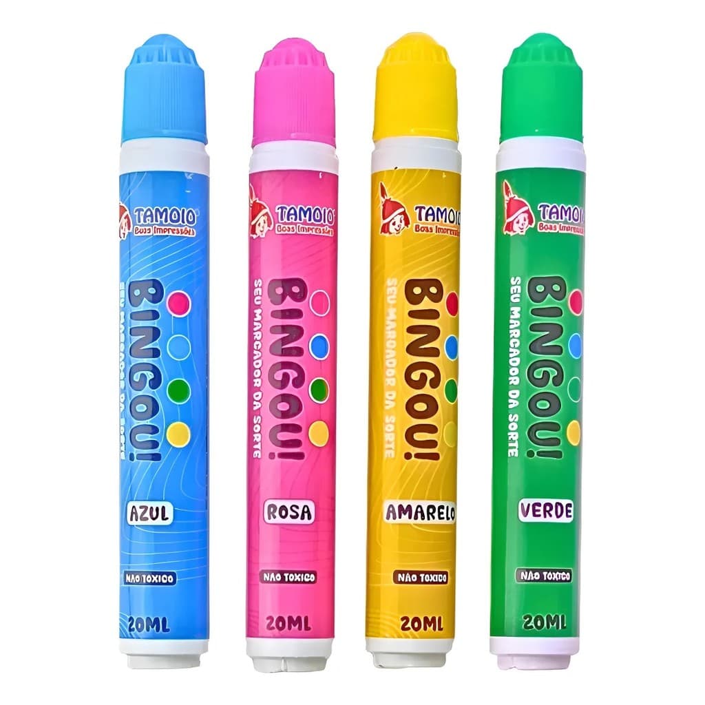 Marcador Bingo Tamoio Bingou 4 Cores 20ml Caneta Carimbo Redonda - Amarelo/Azul/Rosa/Verde