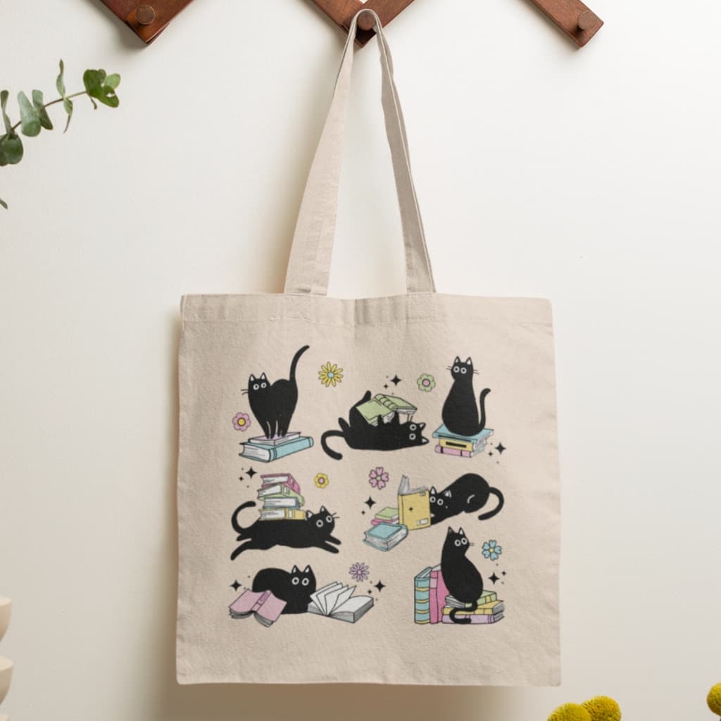 Bolsa Sacola Ecobag 32x38cm Sem Zíper Amantes de Gato e Livros Pet Gatinho Preto 100% Algodão G.144