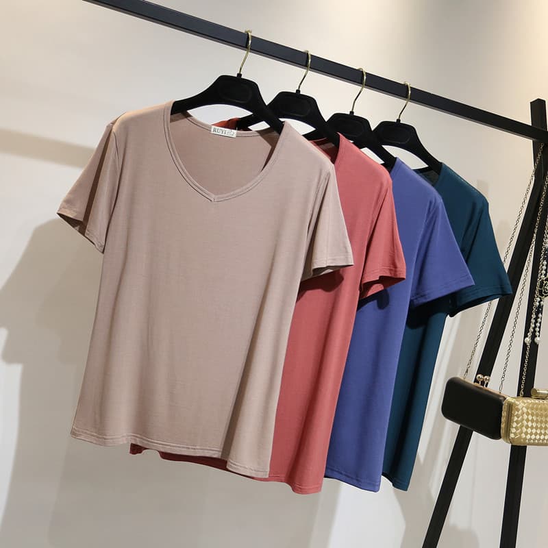 Modal camiseta de manga curta feminina verão com decote em V magro ajuste camisa de fundo camiseta versão coreana All-Ma