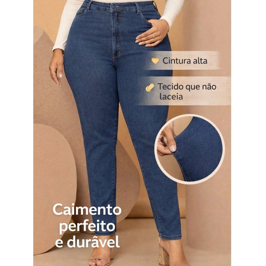 Calca Jeans Feminina Plus Size Mom Fit Cintura Alta Modeladora Chapa Barriga