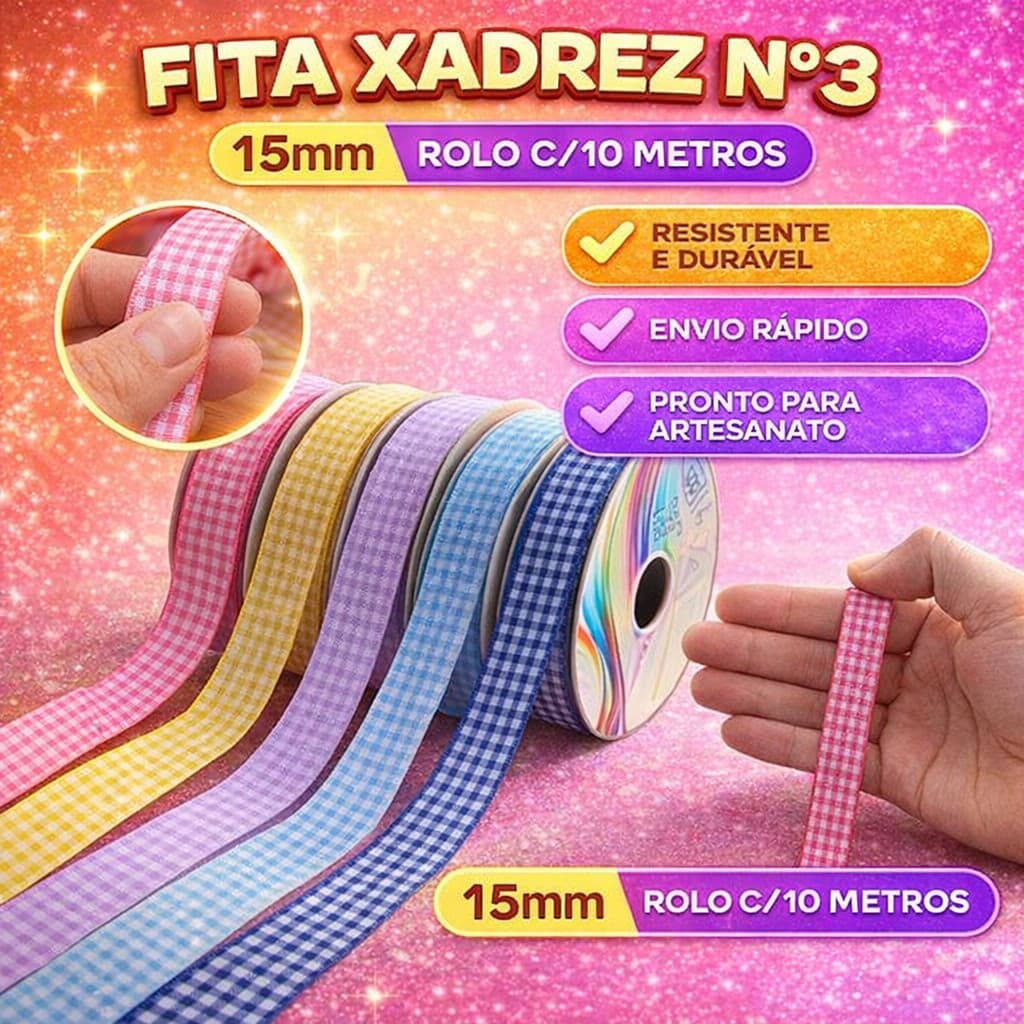 Fita Xadrez N°3 - 15mm - Rolo c/10 Mts Laços Junina Natalina
