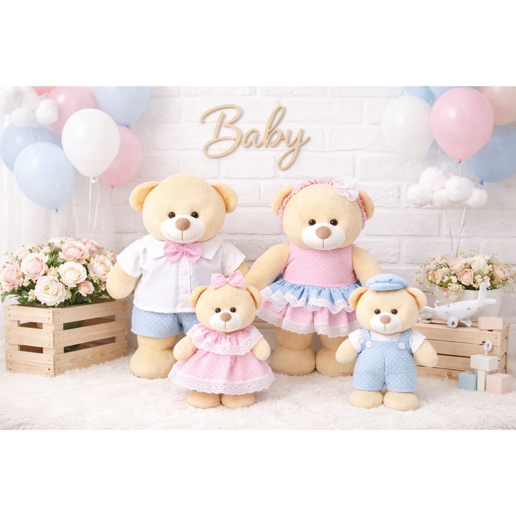 KIT FAMILIA URSOS AMORE CHÁ REVELAÇÃO 4 PEÇAS - PELUCIA DOCE DE LEITE