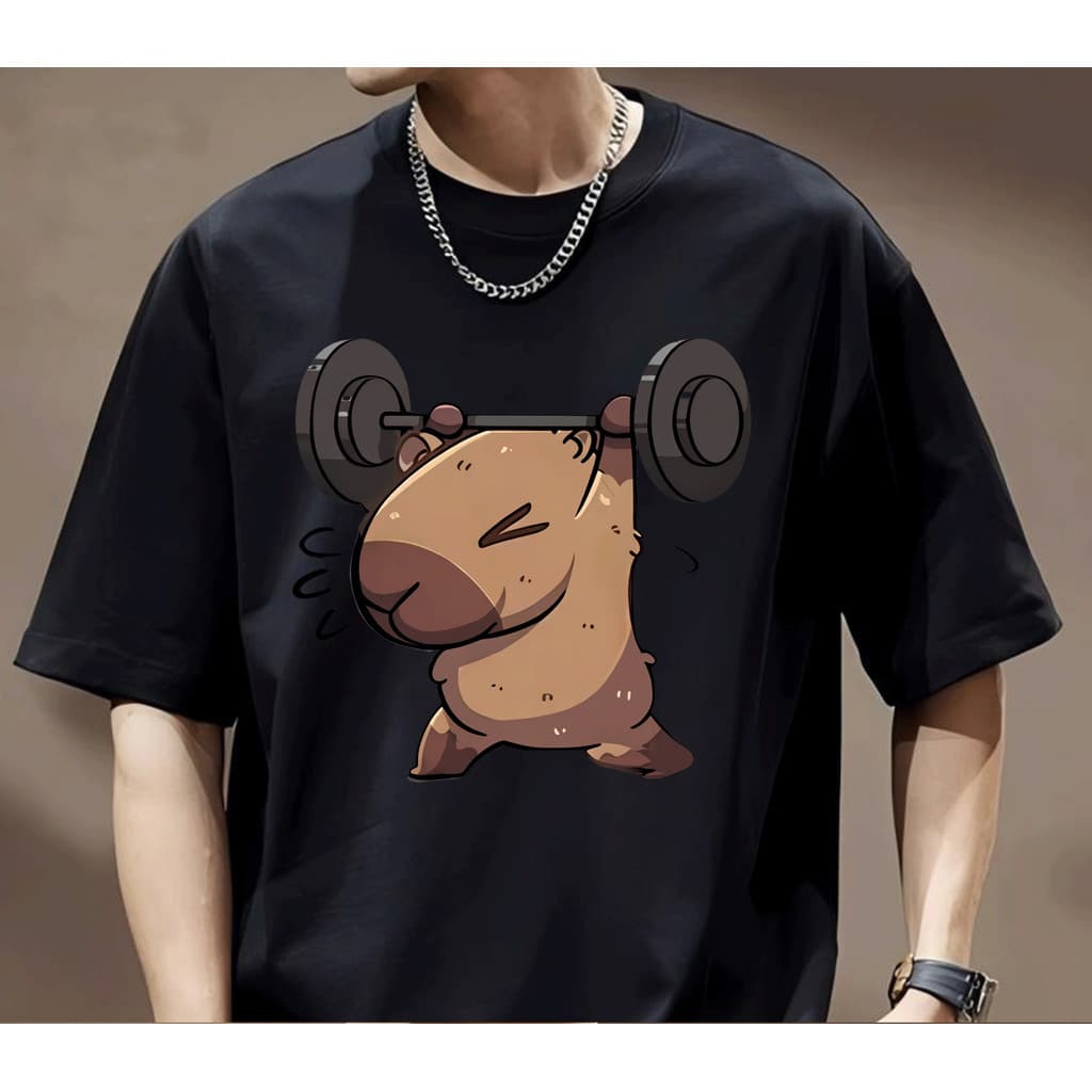 Camiseta moderna com estampa de capivara levantando peso estilo casual