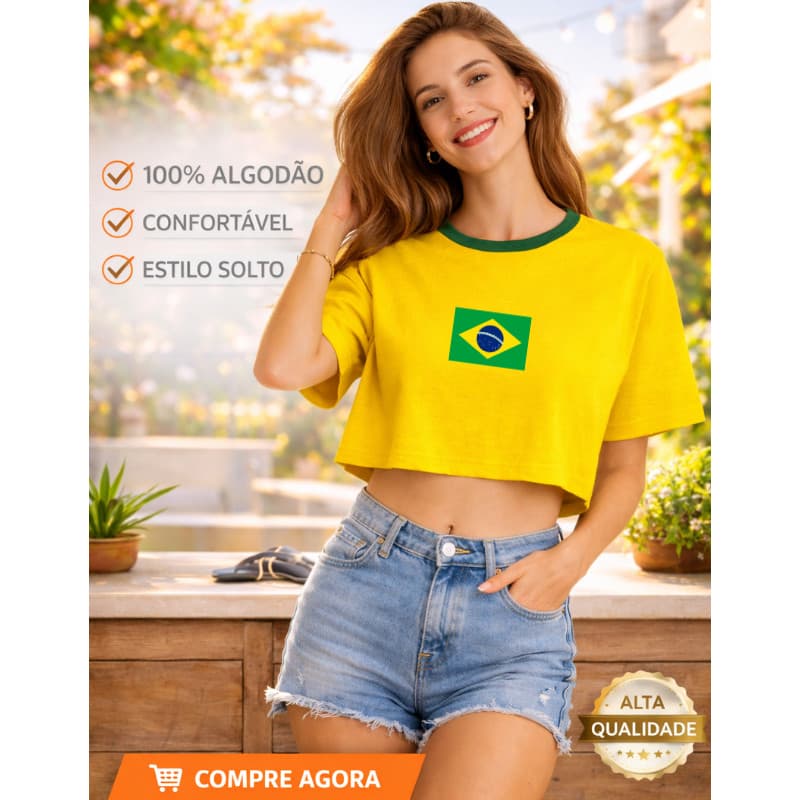 Blusa Cropped Camiseta Cores Brasil Bandeira no Peito Torcida Copa Futebol Jogos Brasileira Feminina Moda Minimalista