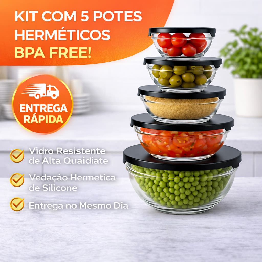 Conjunto 5 Potes Herméticos Vidro Bowls Tampa Silicone BPA Free Microondas Entrega Rápida Flex