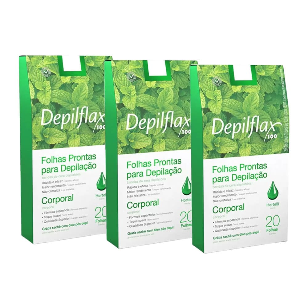 Kit 3 Caixas Folhas Depilatórias Prontas Depilação Corporal Pernas Depilflax Hortelã 20 Unidades