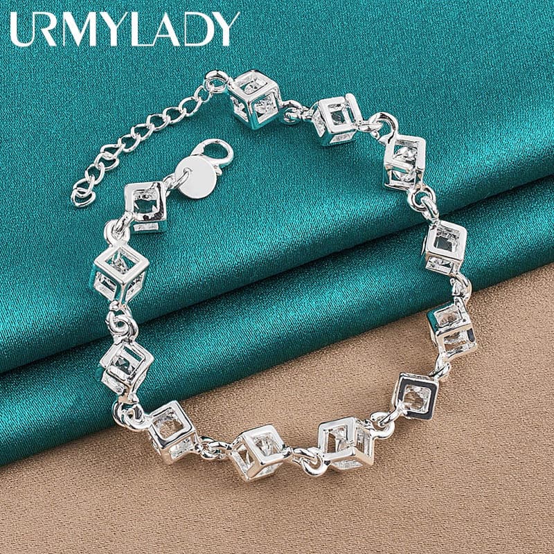 URMYLADY 925 Corrente De Zircônio Quadrada Prata Esterlina 6 Polegadas Pulseira Para Mulheres Homens Festa De Casamento