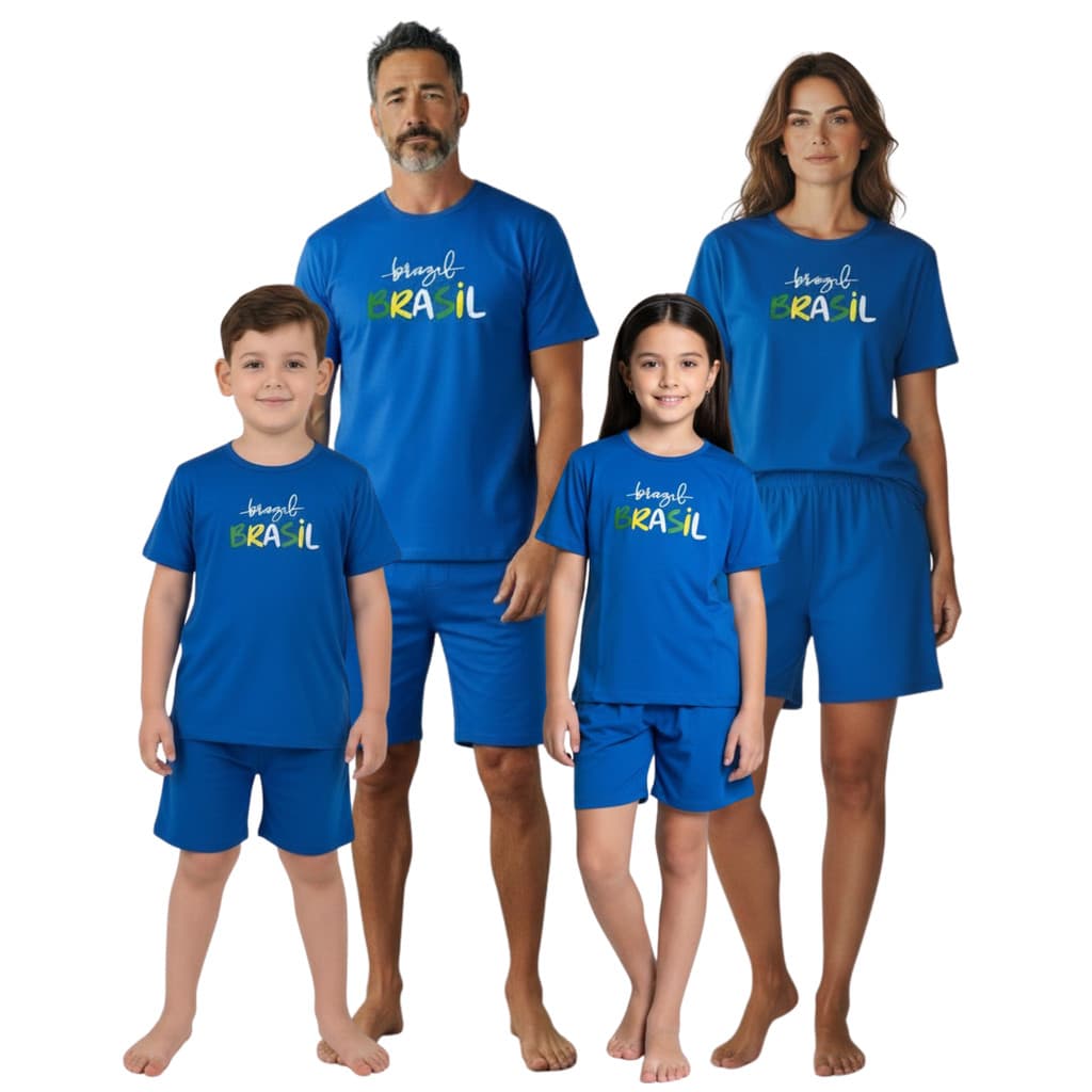 Kit Família Pijama Curto Brasil Verão Malha PV Adulto e Infantil Conjunto Família P M G GG Torcer Juntos
