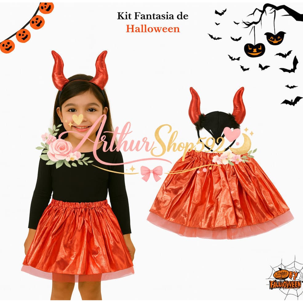 (V)Fantasia Infantil Halloween Saia Vermelha com Tiara de Diabinha 🔥ZYPD