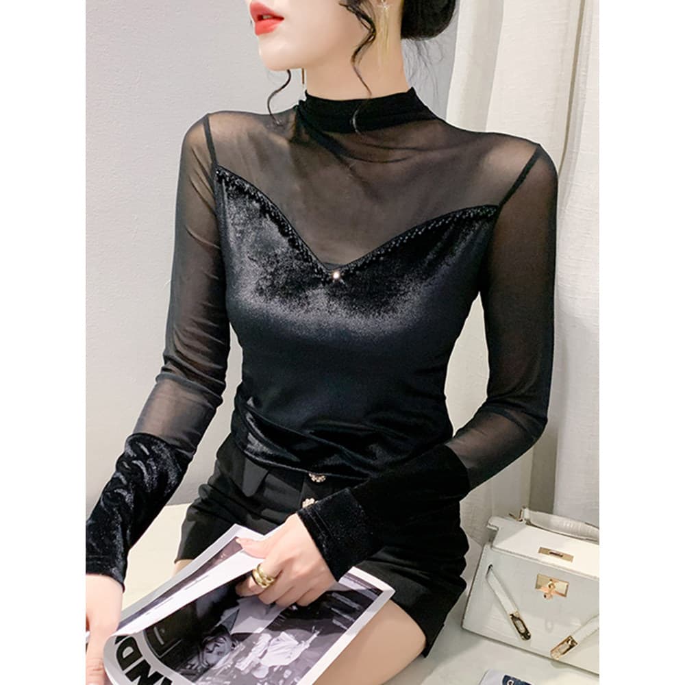 Temperamento veludo costura gaze camisa de fundo feminino fino-ajuste meia gola alta manga comprida camiseta frisada
