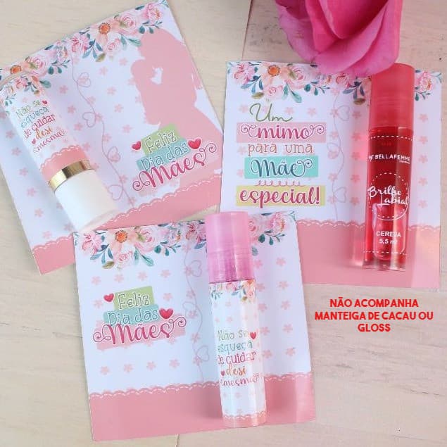 50 Cartões + 50 Adesivos para Manteiga de Cacau ou Gloss Feliz Dia das Mães (Não acompanha Manteiga de Cacau e Gloss).